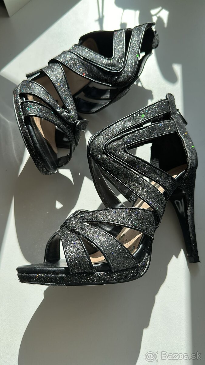 SMH, čierne sandále na opätku, 38, 10,5 cm, trblietavé