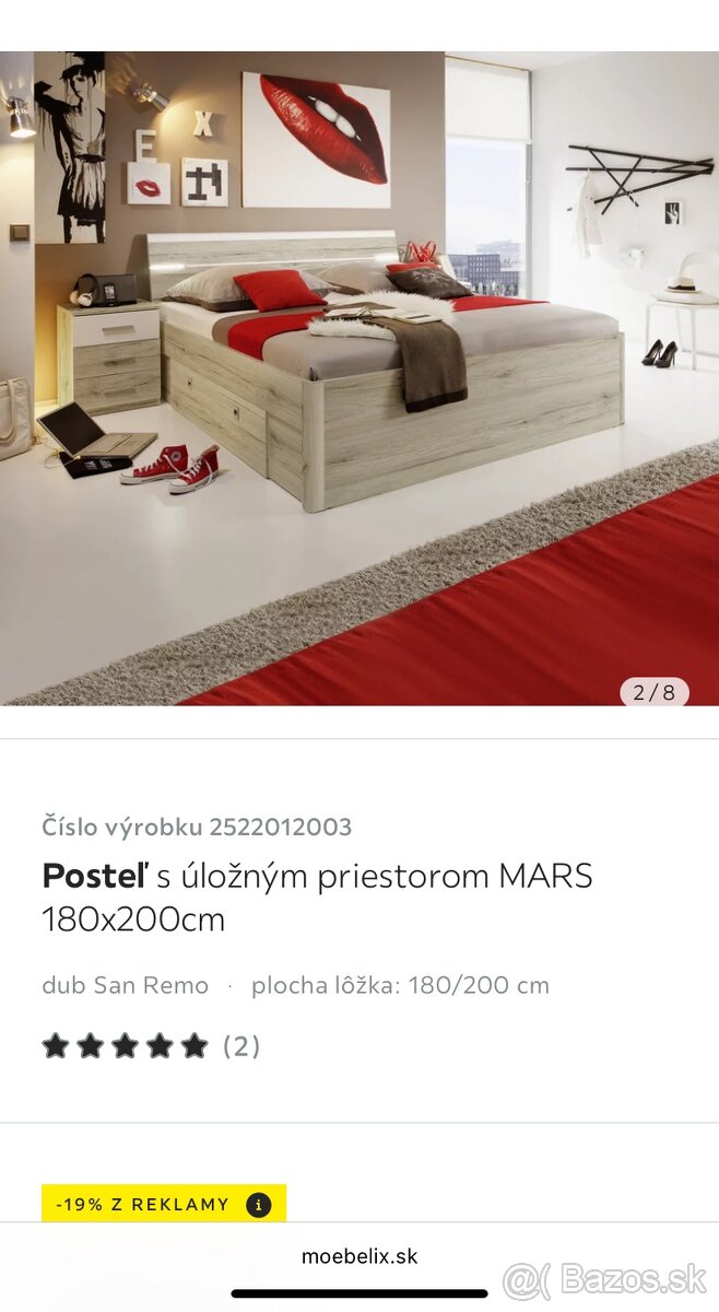 Posteľ 200x180 s úložným priestorom a led-osvetlením