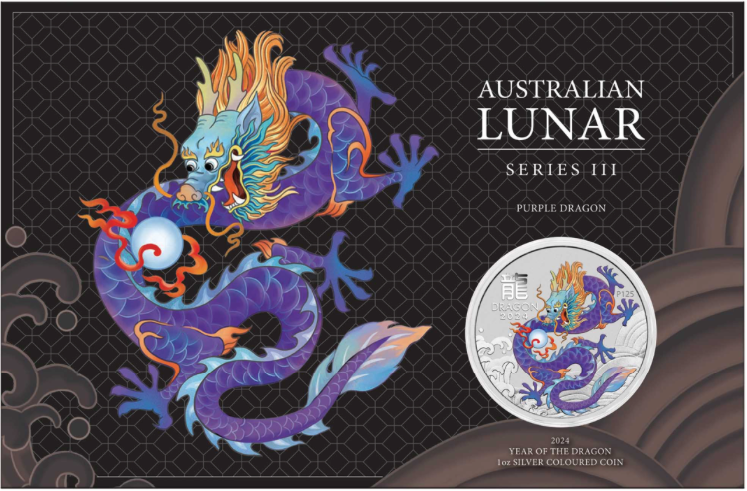 Lunárna séria III., Drak 2024 1 OZ fialová minca v karte