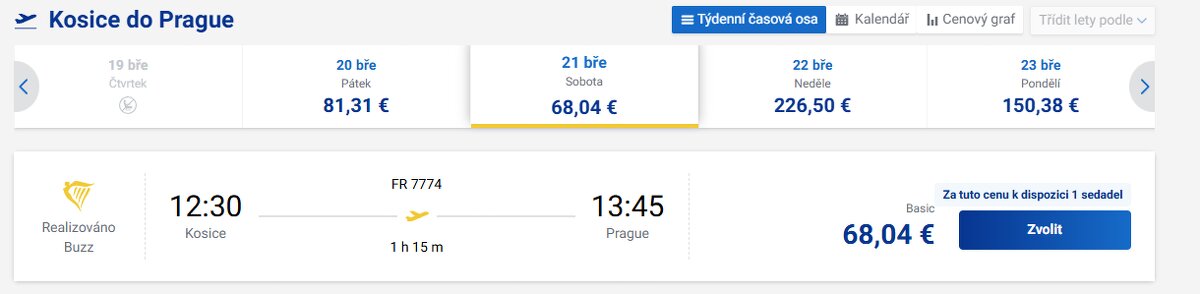 Letenky: Košice - Praha; 21.03. 12:30