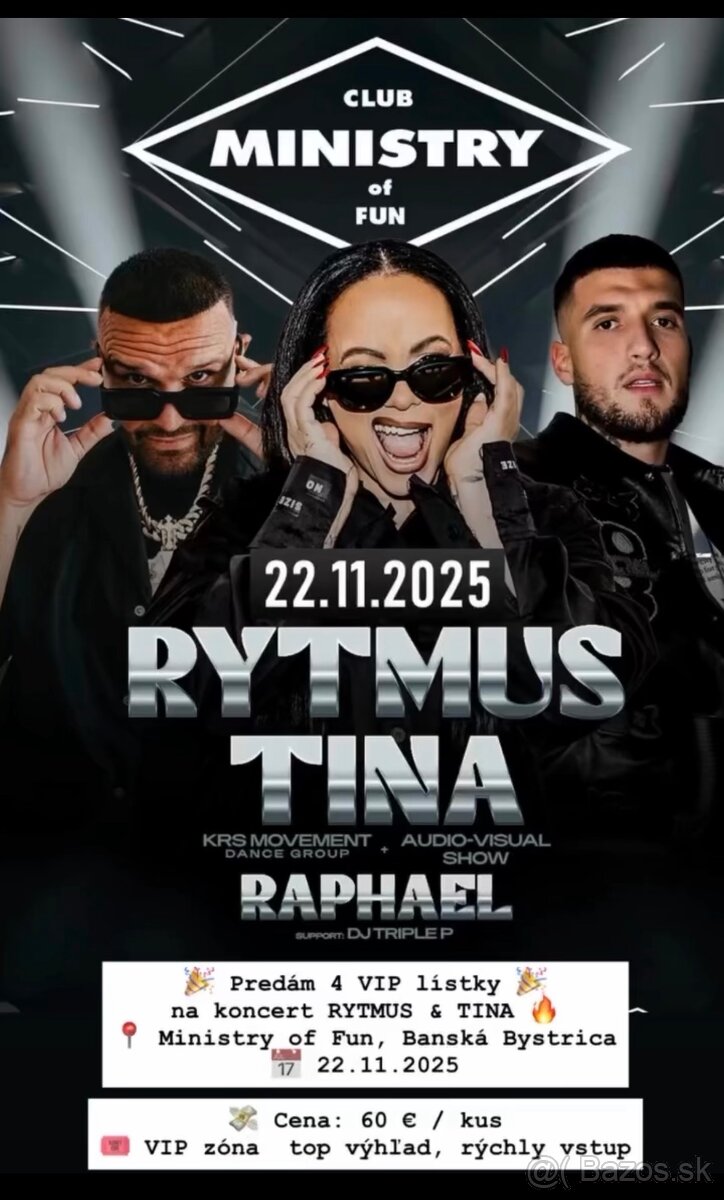 🟢 Predám 4× VIP lístky – Rytmus & Tina, Ministry of Fun (