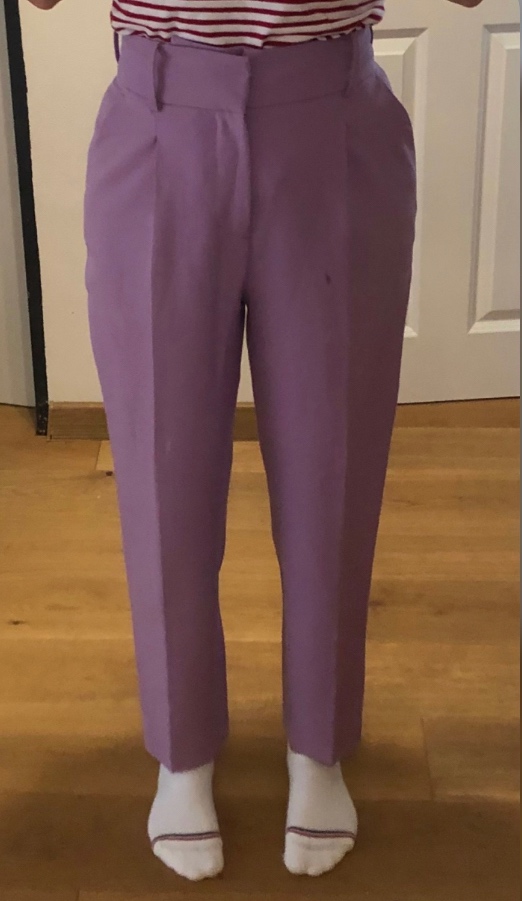 ———Fialové nohavice s opaskom, Zara, S/36, 12.40 E——