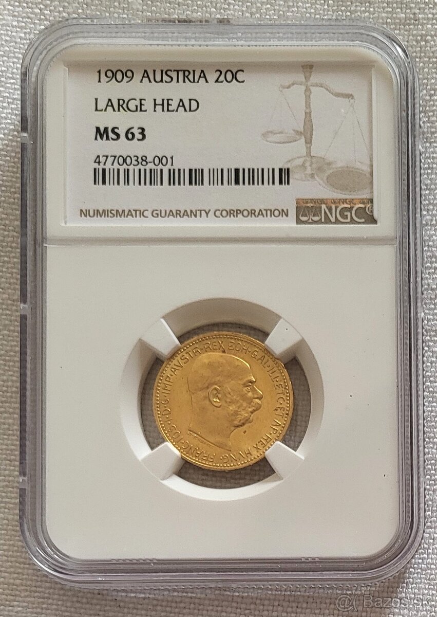 Zlatá rakúska 20 koruna FJI, 1909 Schwartz bz, NGC MS63