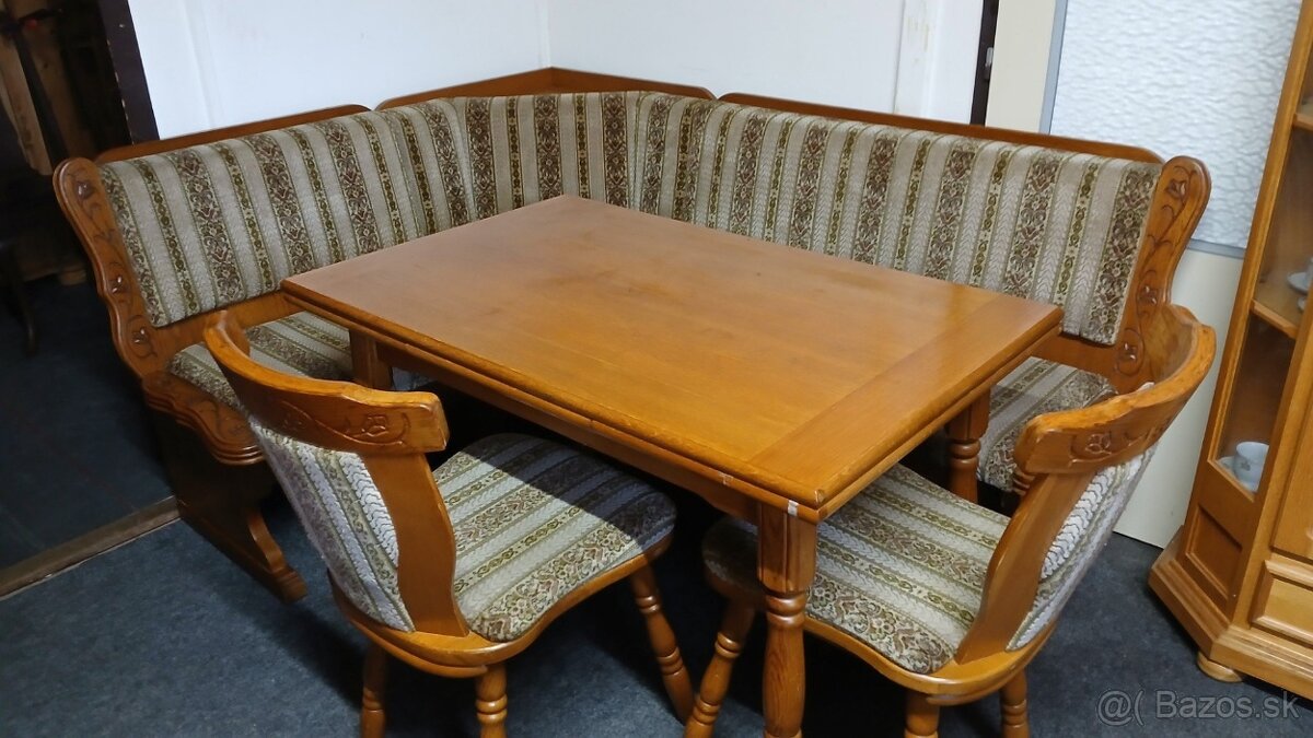 Masivná rohová lavica+2×stolička+rozkl.stôl