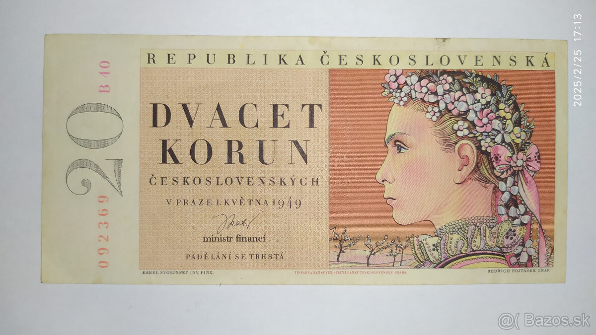 20 Kčs 1949 neperforovaná