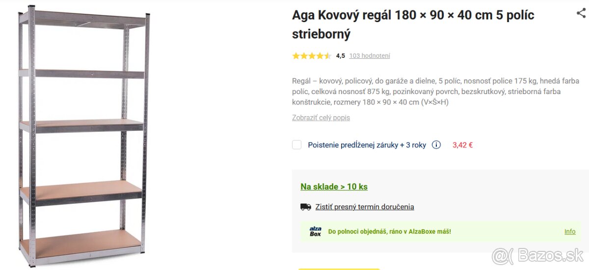 Kovový regál Aga 180 × 90 × 40 cm 5 políc
