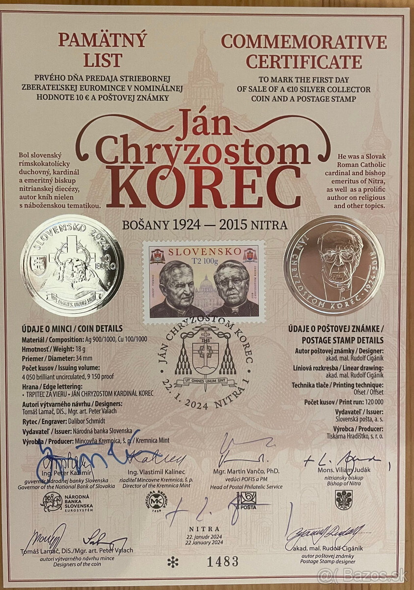 predám pamätný list k 10 € Ján Chryzostom Korec