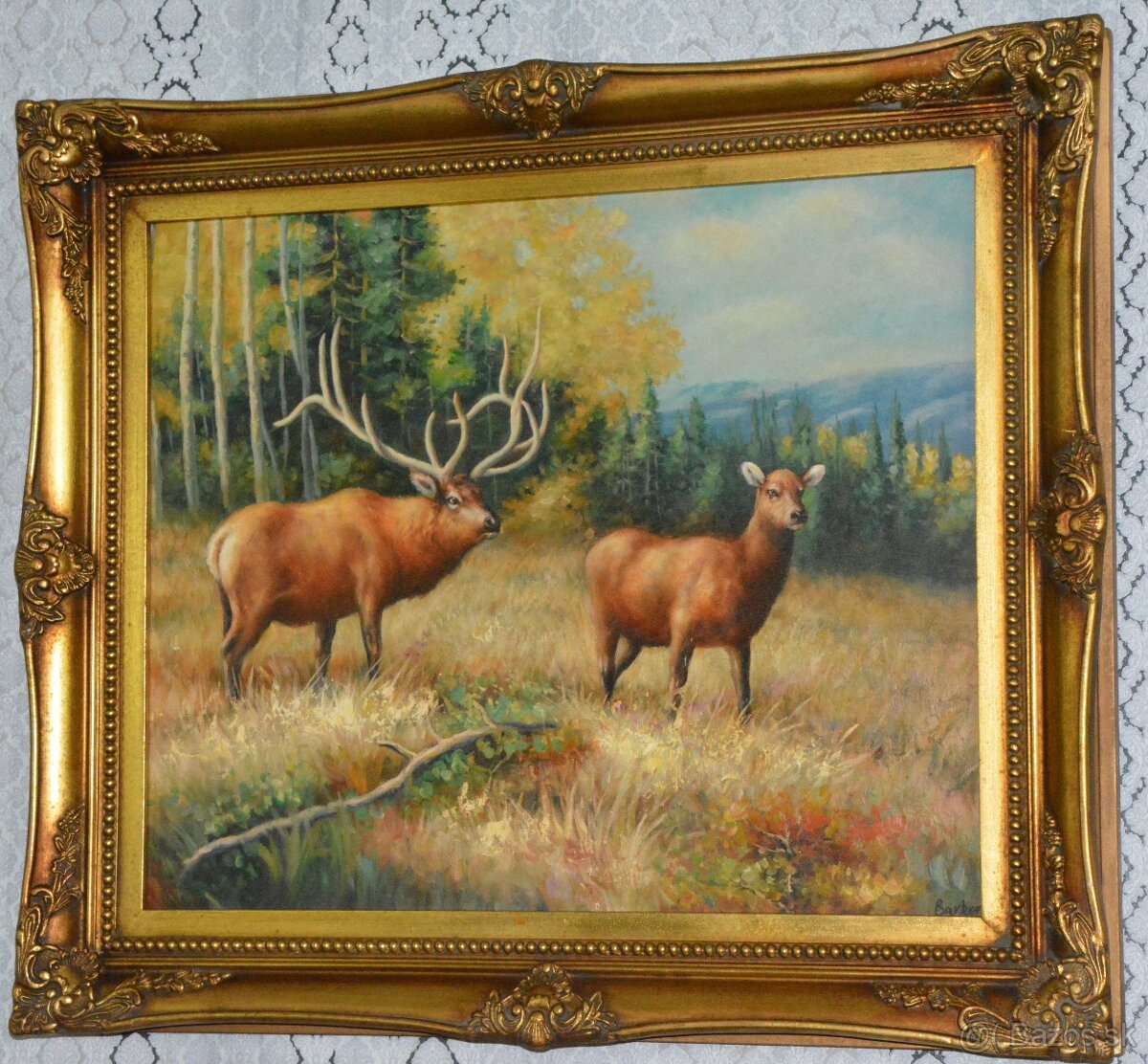 Zámecký obraz - Jelen s laní- olej na plátně