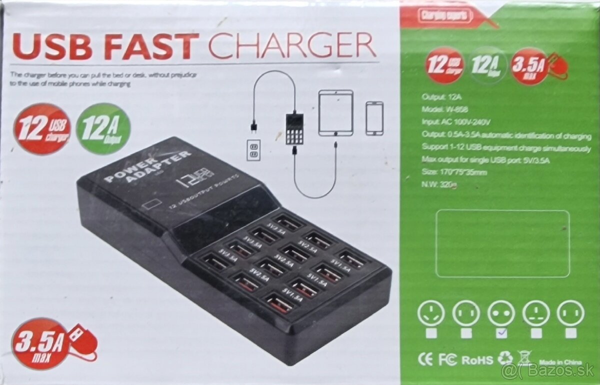 USB rýchlo nabíjačka možnosť nabíjať až 12 zariadení súčasne