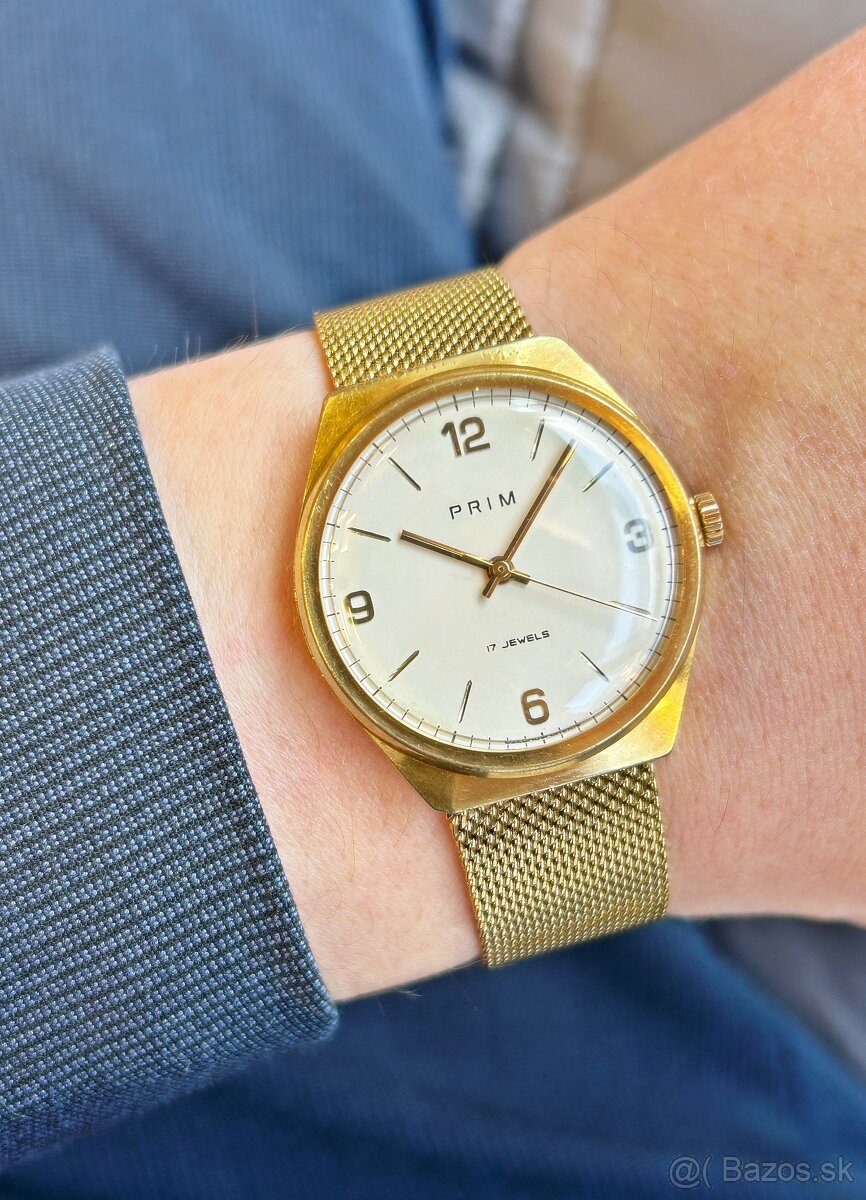 Československé mechanické vintage pánske hodinky PRIM Zlaté