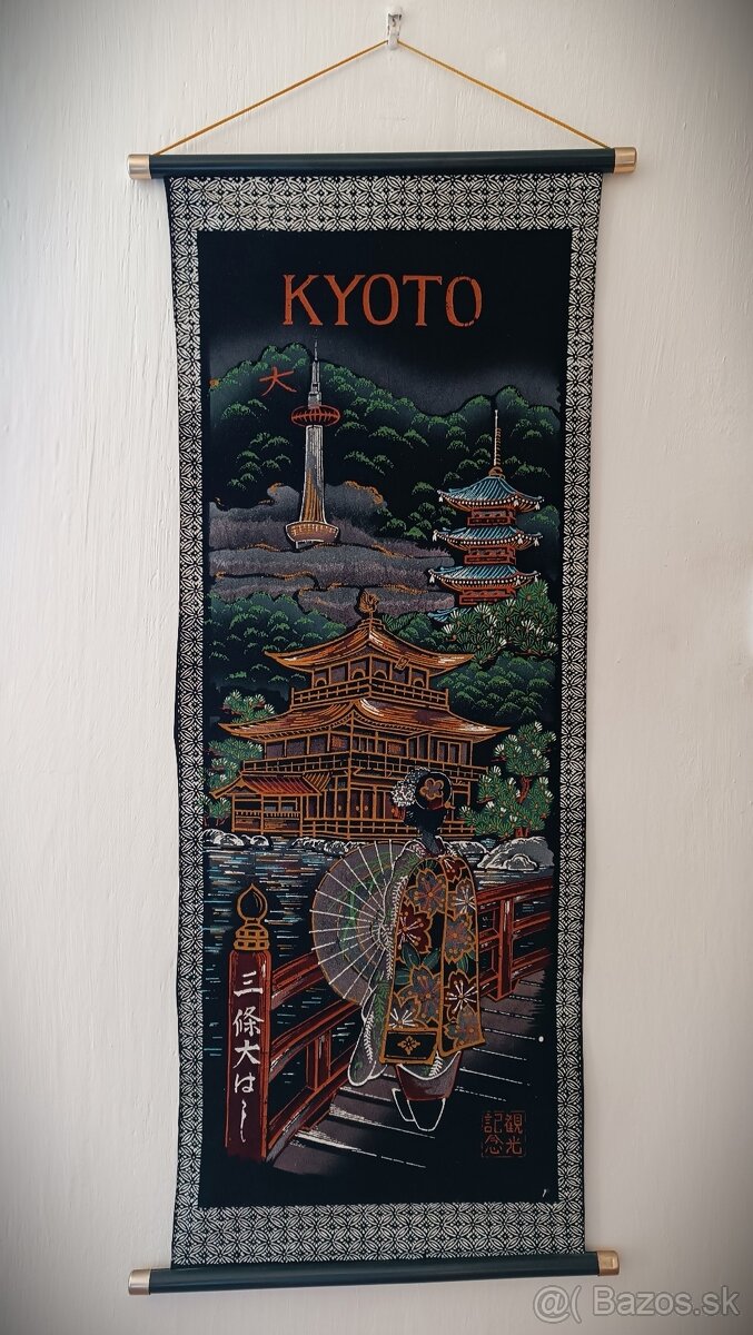 KYOTO- starý černý sametový závěs na zeď-Japonsko