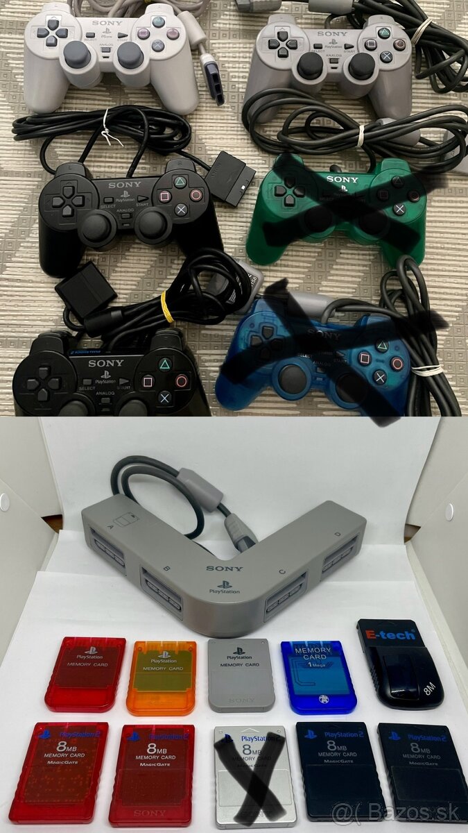Sony Playstation PS1, PS2, ovládače, Multitap, karty