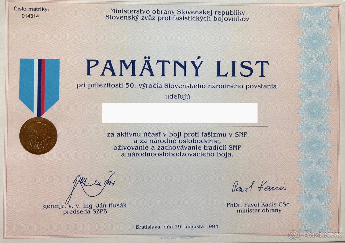 Pamätný list 50.výročie SNP