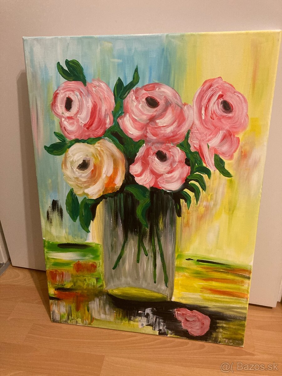 Ručne maľovaný obraz - ruže vo váze