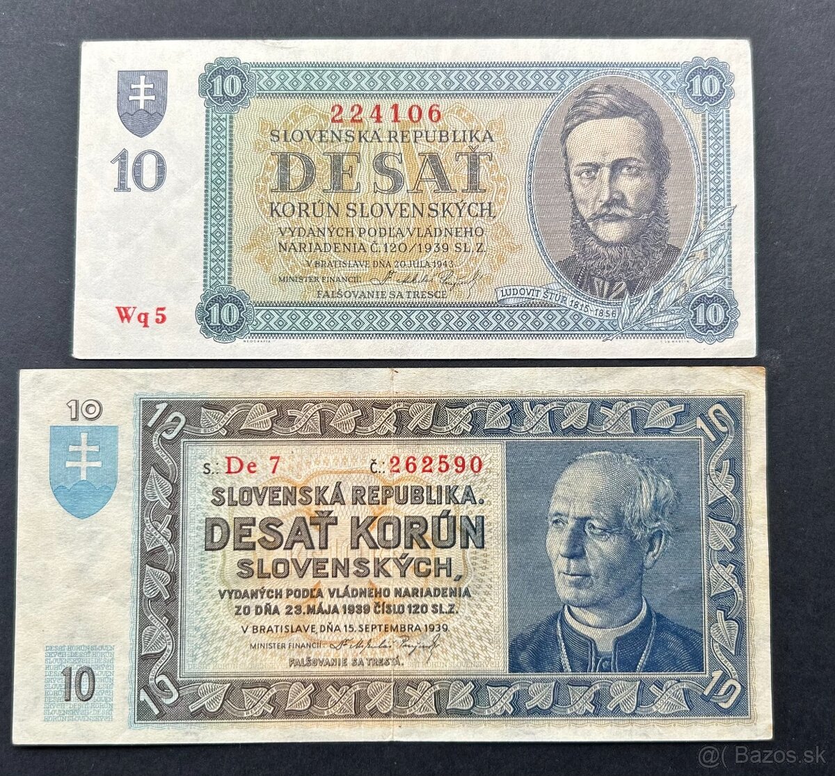 Bankovky Slov.štát 10Ks Neperforované jednočíselné série