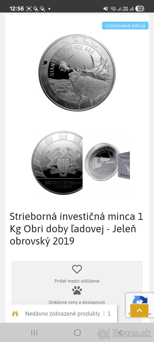 Strieborná minca 1 Oz Jeleň obrovský 2019 (Obri doby ľadovej