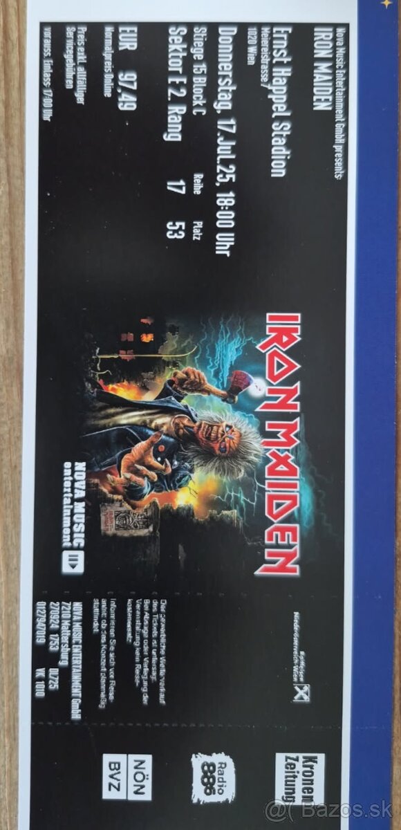 Vstupenky Iron Maiden