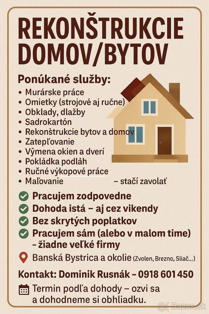 Stavebné práce – murár, omietky, dlažby, rekonštrukcie