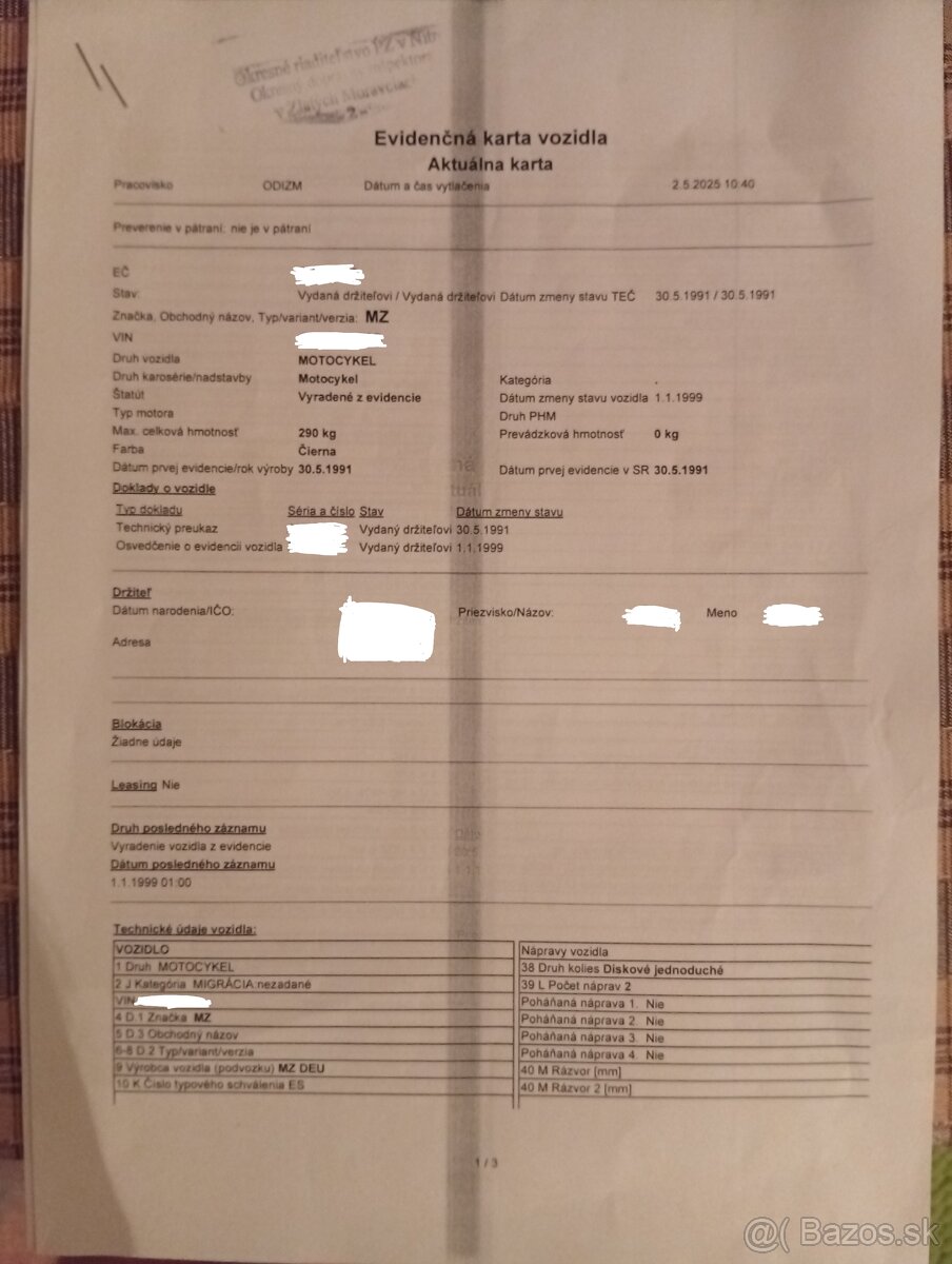 MZ ETZ 150/251 potvrdenie o vyradení( evidenčná karta)