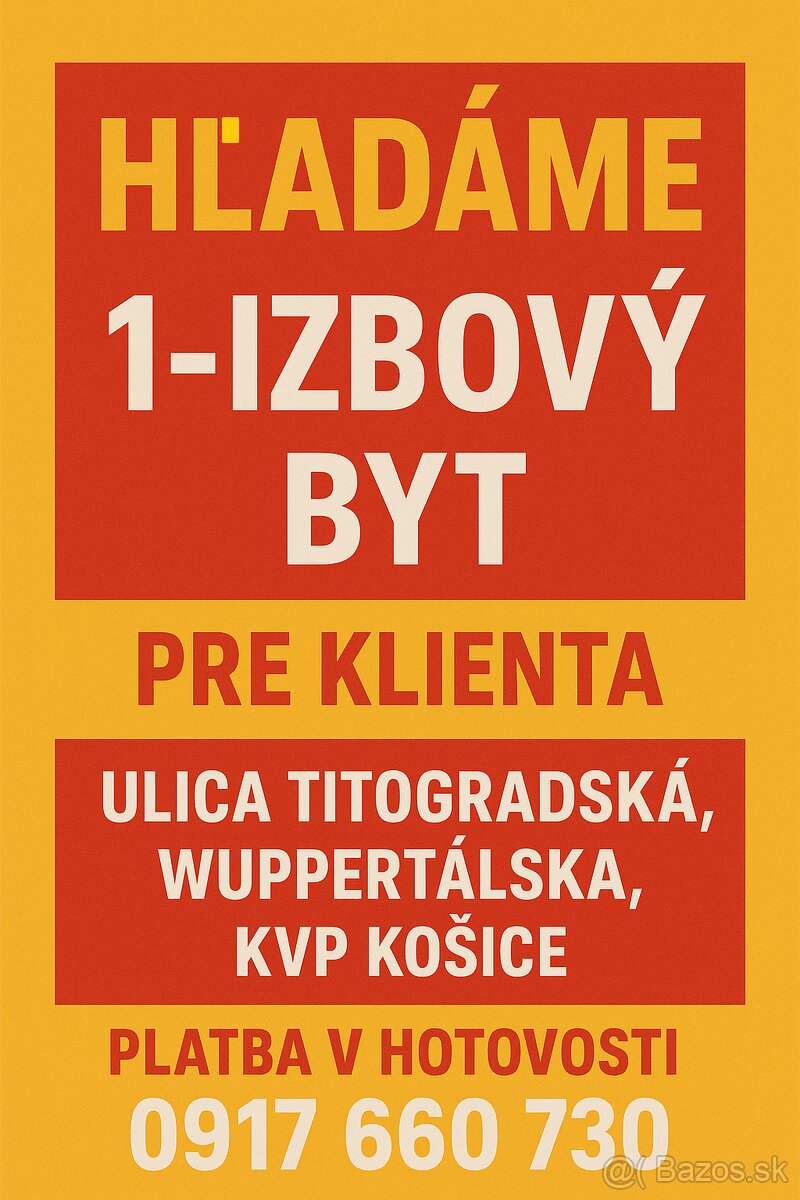 Hľadám 1 izbový byt KVP - Košice