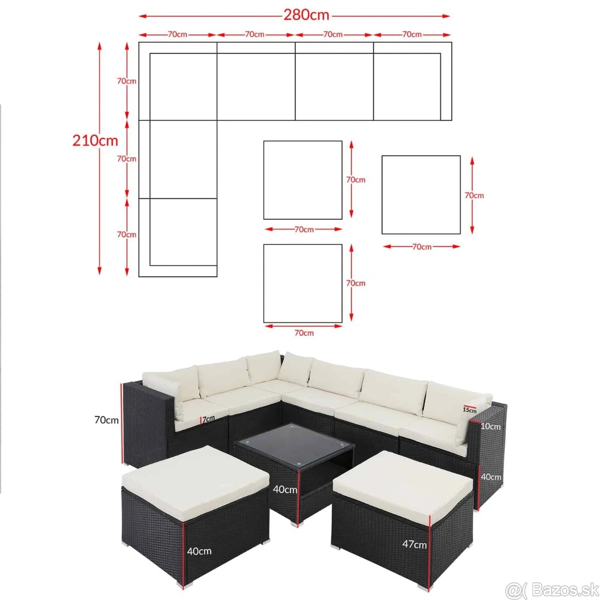 Záhradný ratanový set XXL - čierna/krémové podušky