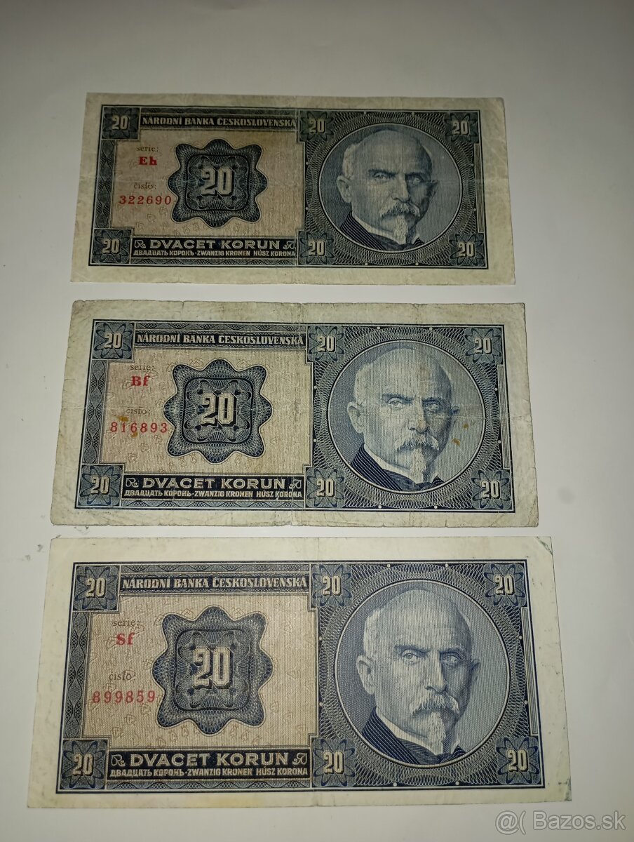 BANKOVKY 20 KČS 1926, NEPERFOROVANÉ, RŮZNÉ SÉRIE