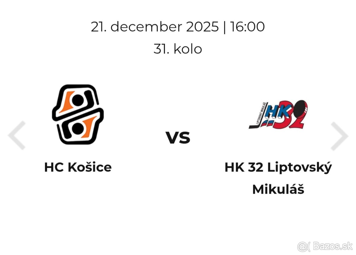 Hokej Kosice - Liptovsky Mikulas 2 listky