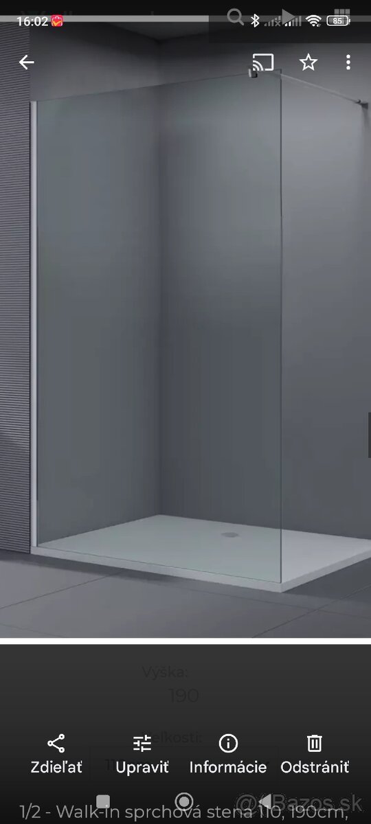 Walk-in sprchová stena 110, 190cm, 8mm