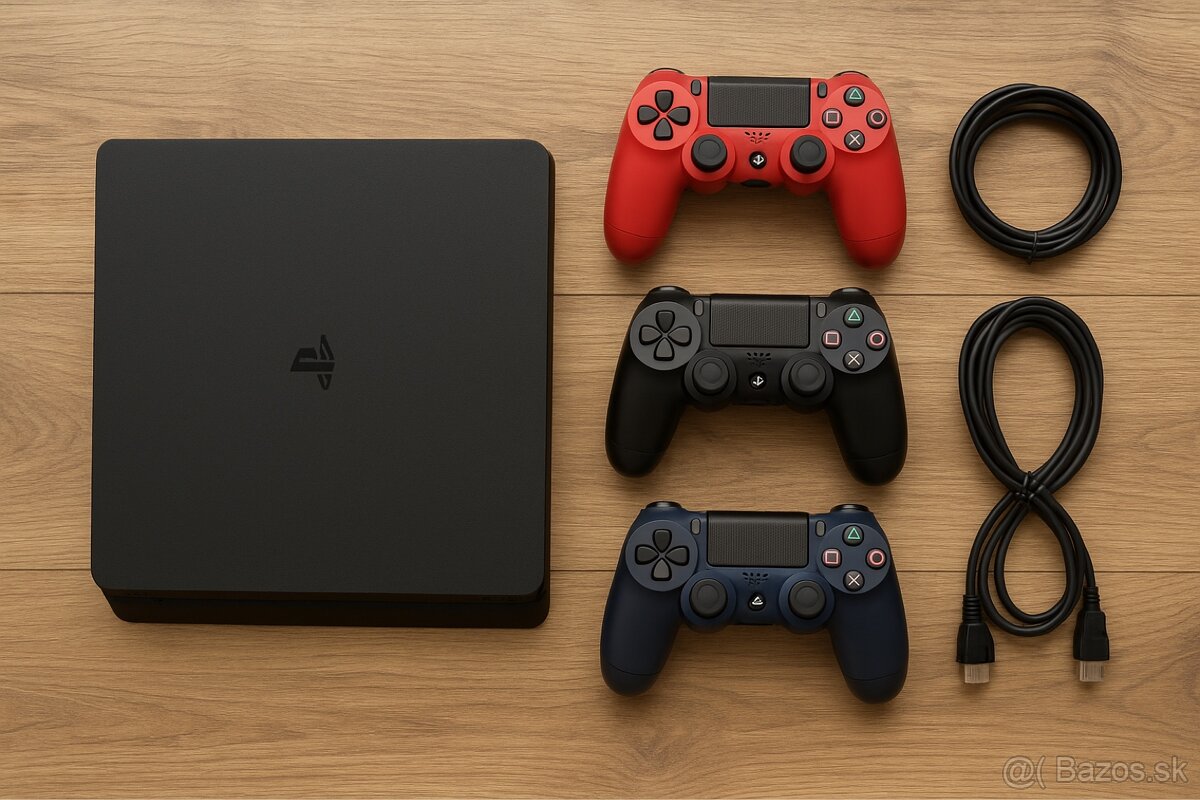 Predám PS4 Slim 400gB + 3 ovládače + 7 hier – výborný stav