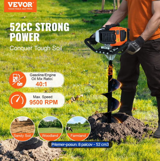 Benzínový vrták VEVOR, 52CC 1450W