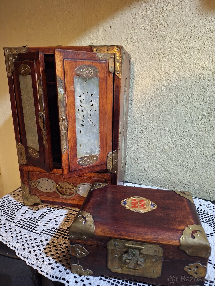 Drevené šperkovnice orientálny/čínsky štýl, mosadzné kovanie