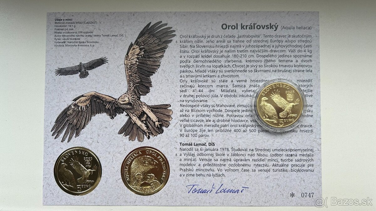 Orol Kráľovský 5€ minca + aut.karta