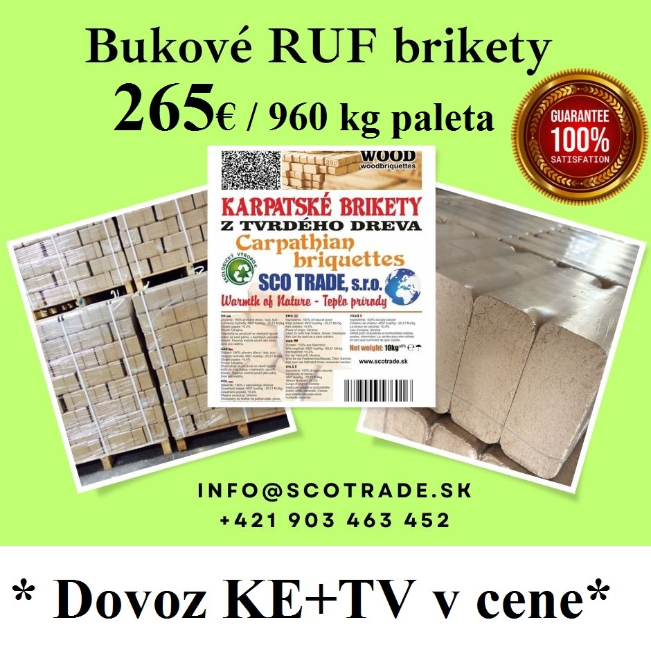 Drevené bukové RUF brikety domácnostiam