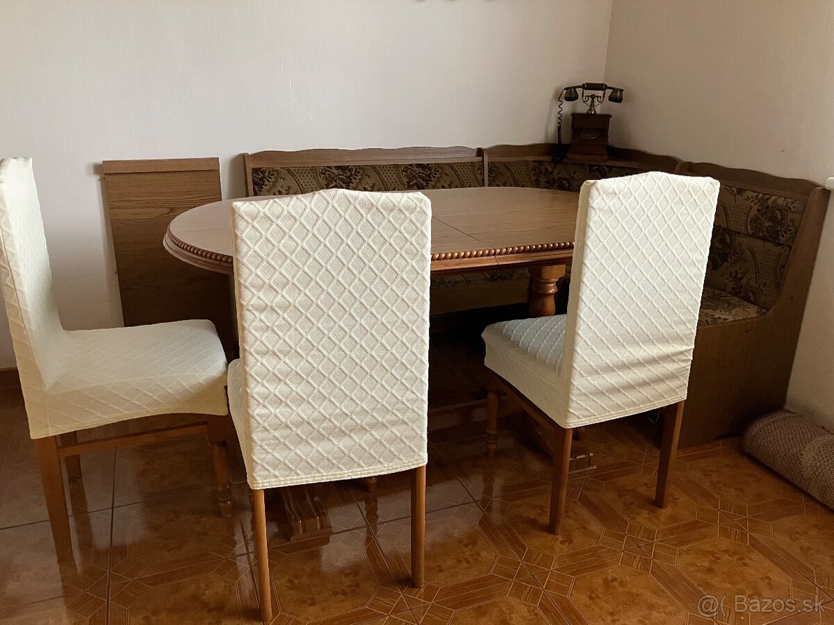 Rohová kuchynská lavica, stôl a 3 stoličky