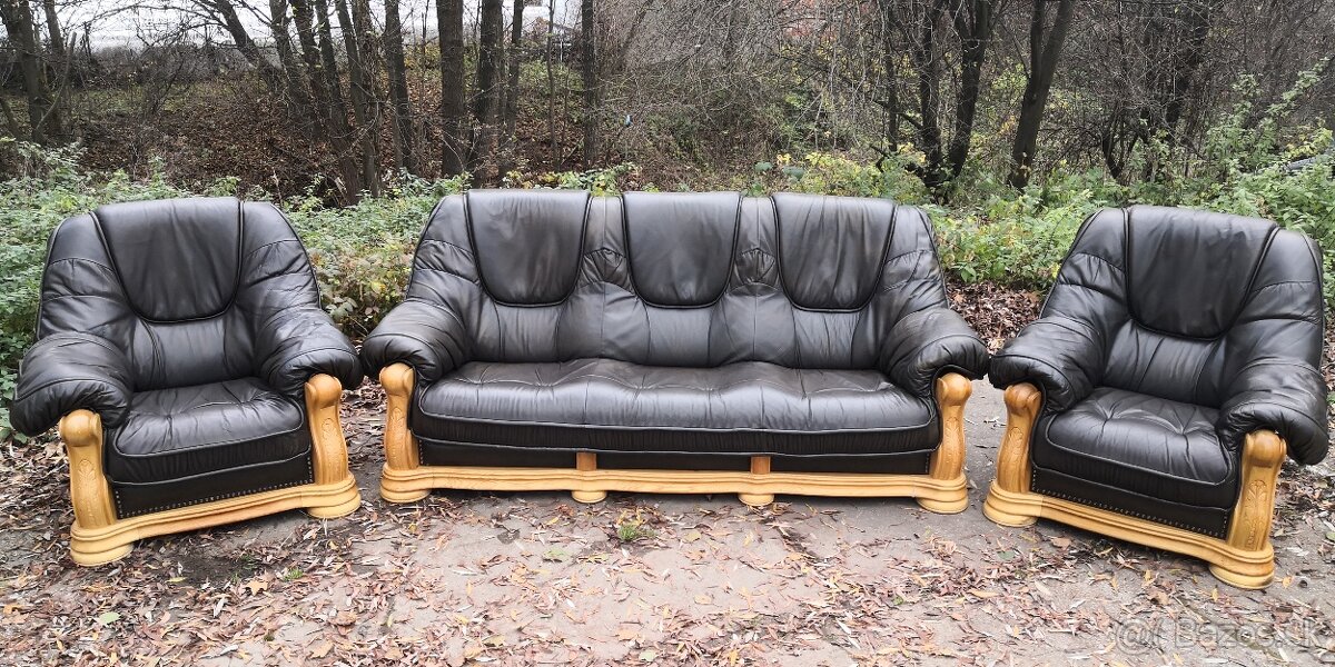 Kožená sedací souprava 3+1+1 s mas. dubovým dřevem TOP STAV