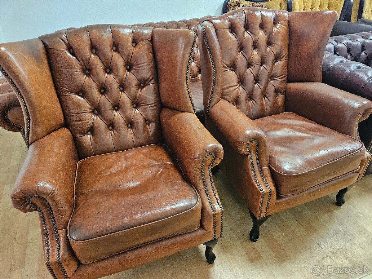 CHESTERFIELD ŠTÝL,KOŽENÁ 2x GAUČ+2xKRESLÁ UŠÁK,NEROZŤ.