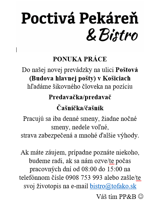 Predavačka / Predavač / Čašník / Čašníčka - Košice