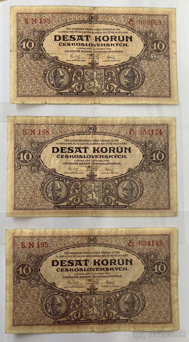 PREDÁM: BANKOVKY: DESAŤ KORÚN Československých z roku 1927
