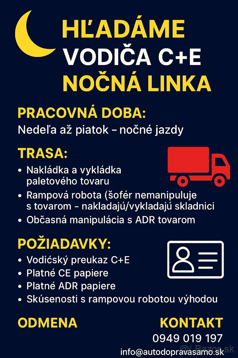 🌙 Hľadáme vodiča C+E – nočná linka (Senec – SC)