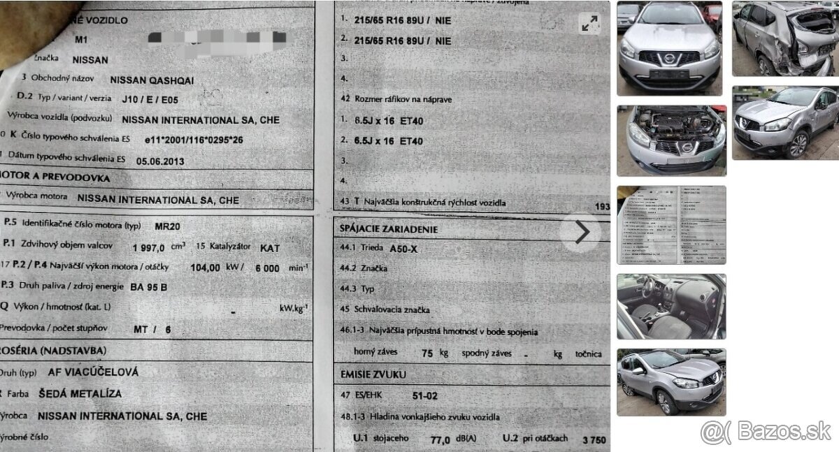 Nissan Qashqai 2.0 2013 predám MOTOR MR20, DVERE, KAPOTA, NÁ