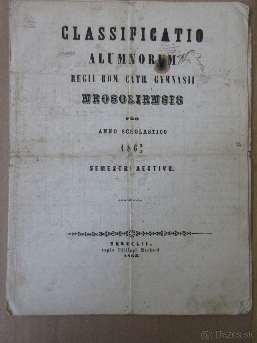 Dokument rímskokat. gymnázium B. Bystrica r. 1863