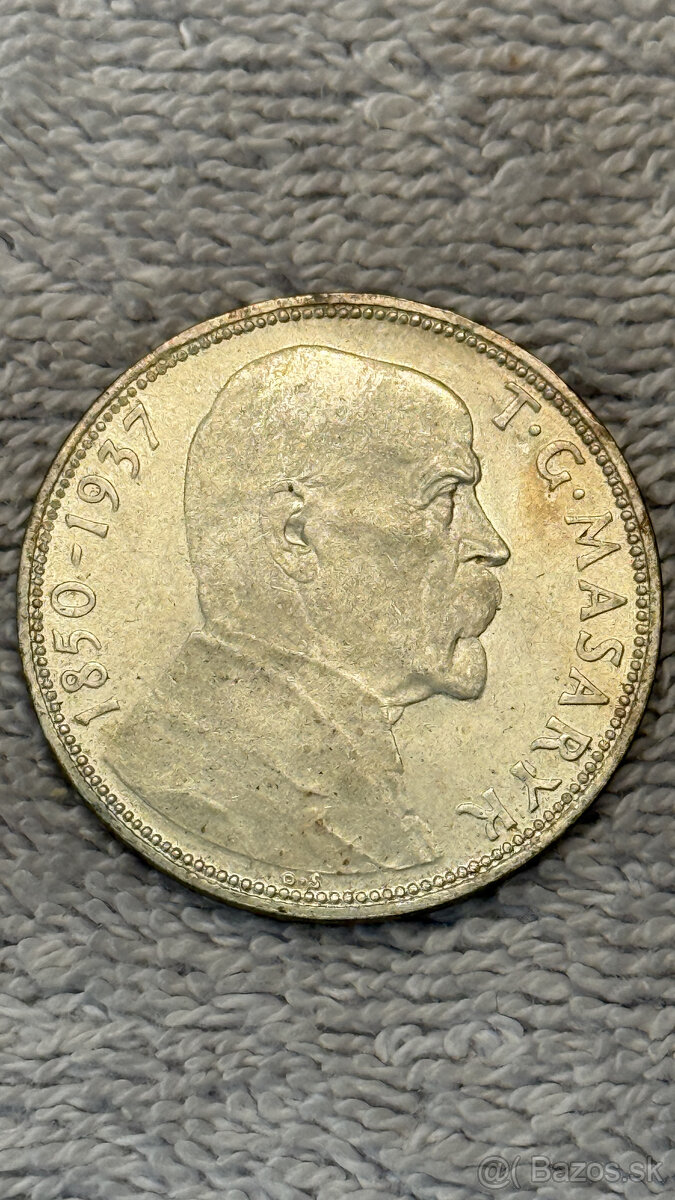 Stříbrná mince 20 Kčs 1937 T. G. Masaryk (Ag 700/1000, 12 g,