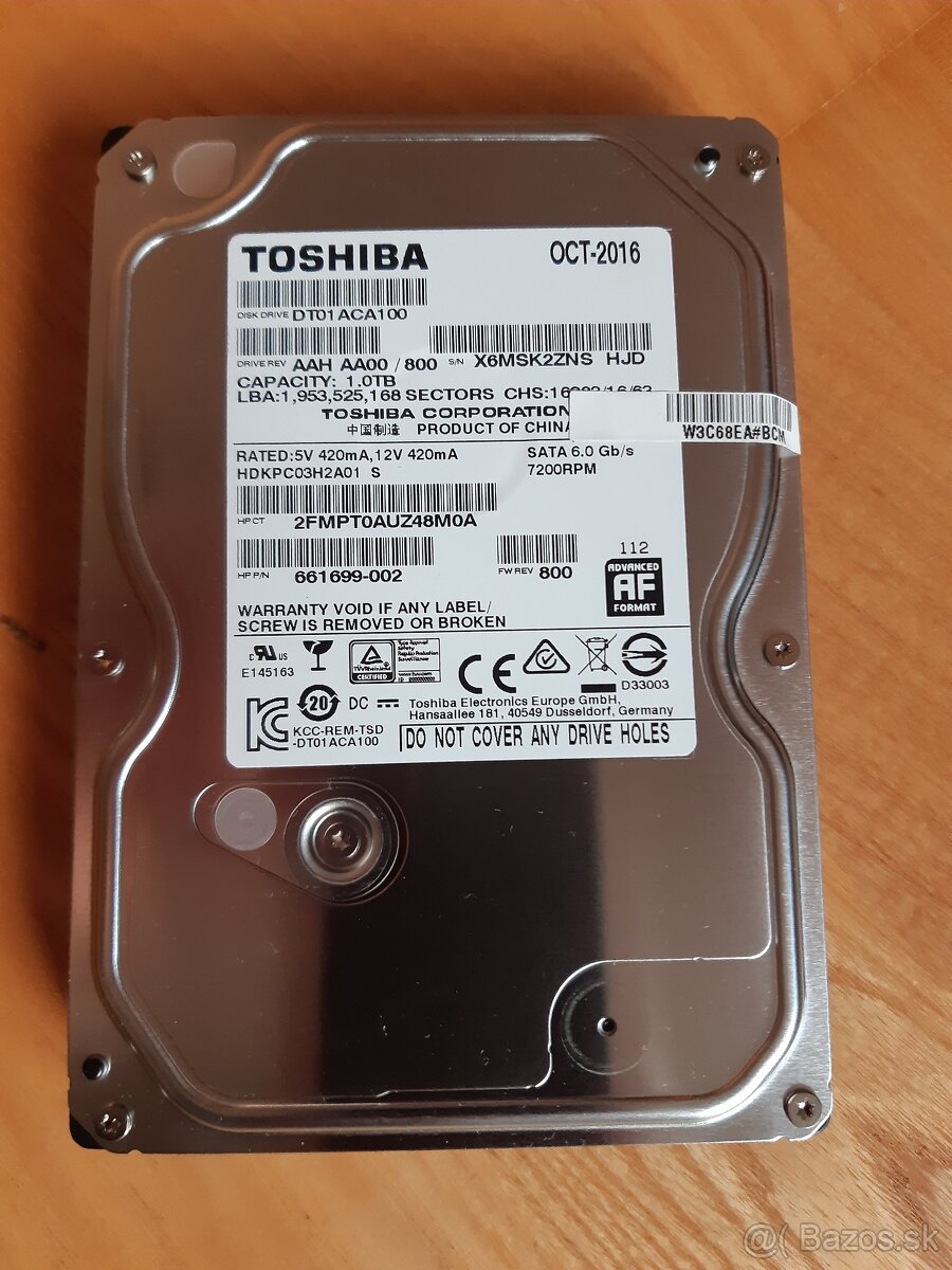 Predám hard disk TOSHIBA 1,0TB