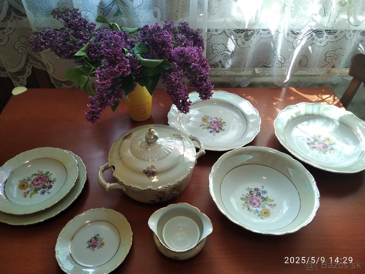 Obedová perleťova porcelánová sada