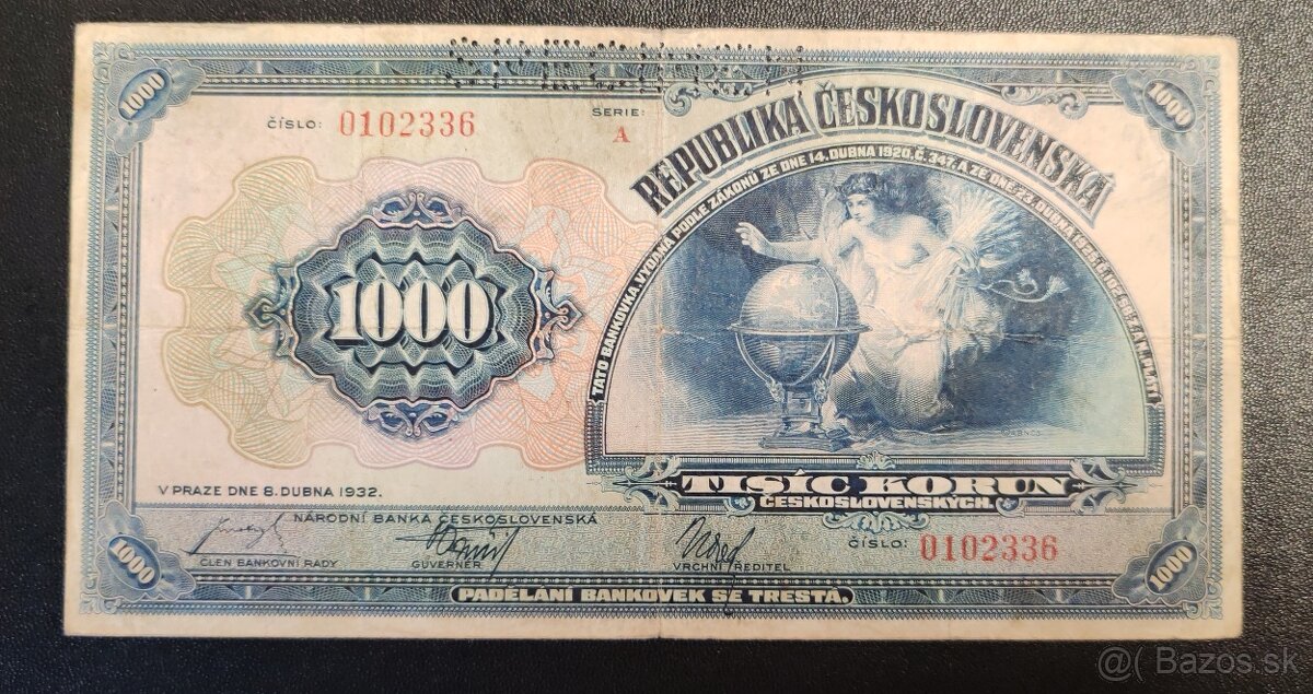 1000 kč, 1932, seria A, SPECIMEN, Československo -