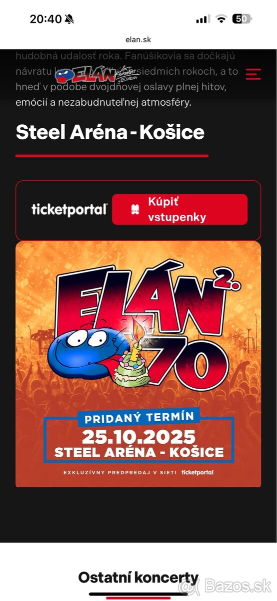 Predám lístok na Elán Košíce