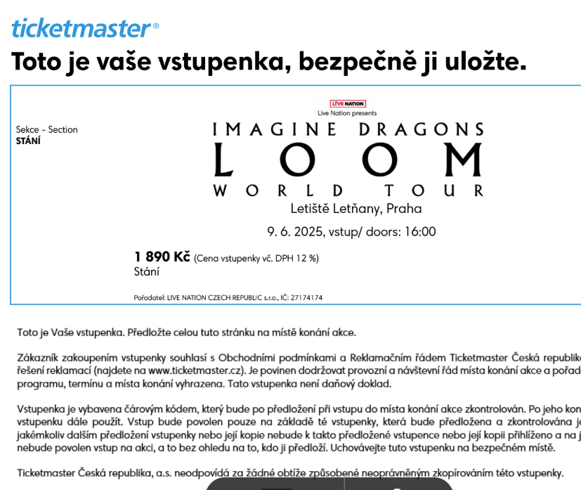 Predám 2 lístky na Imagine Dragons – Praha 9.6.2025