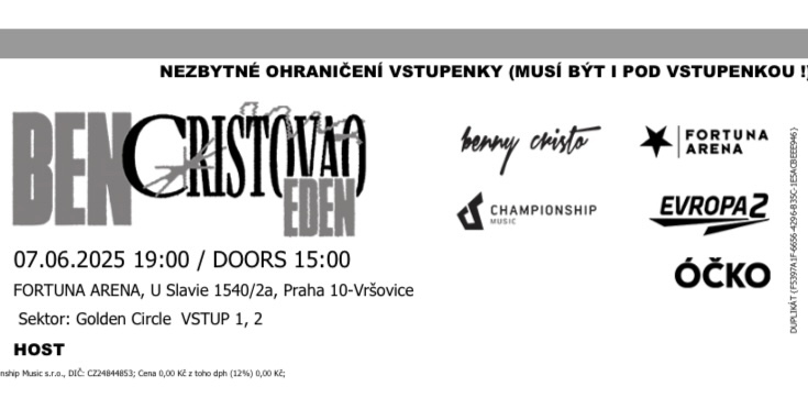 Ben Cristovao 2 lístky Golden Circle