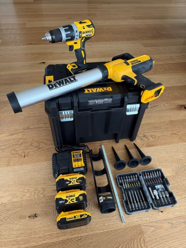 Dewalt 18V set – vŕtačka, kartušová pištoľ, batérie a príslu