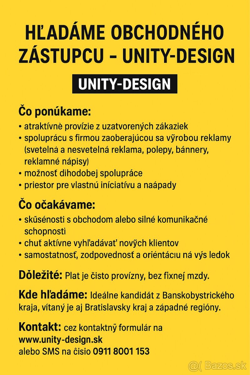 HĽADÁME OBCHODNÉHO ZÁSTUPCU – UNITY-DESIGN